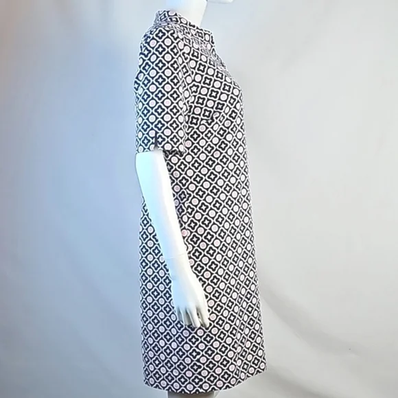 Talbots Navy & Pink Geometric Print Split Mockneck Short Sleeve Shift Dress - Picture 8 of 16